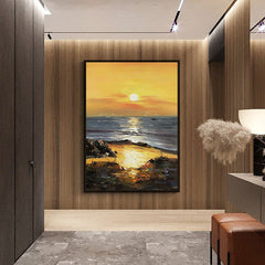 Golden Sunset – Vertical Textured Coastal Oil Painting for Modern Interiors