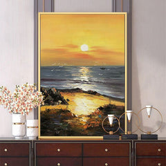 Golden Sunset – Vertical Textured Coastal Oil Painting for Modern Interiors