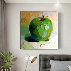 The Green Apple – Textured Oil Painting, Abstract Fruit Wall Art, Vibrant Kitchen Decor