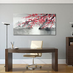 The Promised Land – Red Blossom Ink Landscape Painting – Chinese-Inspired Wall Art