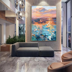 The Sea of Romance – Abstract Sunset Seascape Oil Painting, Vibrant Coastal Art for Home Decoration