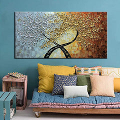 Trees of Life – Textured Abstract Painting with Silver-Blue, Gold & Orange Gradient