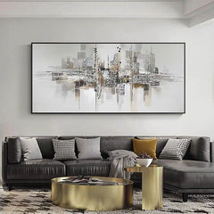 Urban Reflection-Abstract Cityscape Painting – Modern Skyline Wall Art on Panoramic Canvas