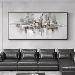 Urban Reflection-Abstract Cityscape Painting – Modern Skyline Wall Art on Panoramic Canvas