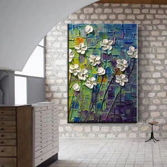 White Flowers on Blue – Textured Impasto Oil Painting, Abstract White Floral Art for Home Wall Decor