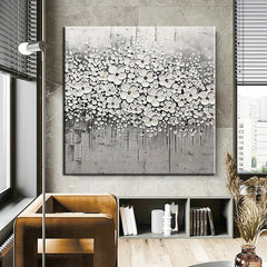 Winter Blossom – 3D Textured Black and White Floral Oil Painting, Modern Wall Art for Home Decoration