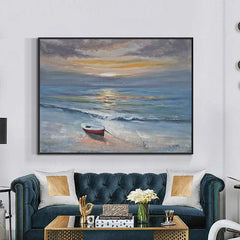 Castaway – Tranquil Beach Sunset Oil Painting: Nautical Small Boat Coastal Wall Art