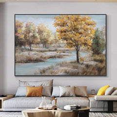 Creek-Autumn River Landscape Oil Painting with Golden Trees – Serene Nature Wall Art for Home Decor