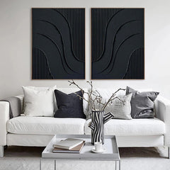 Dual Flow Elegance-Minimalist Black Abstract Diptych Painting – Modern Textured Wall Art