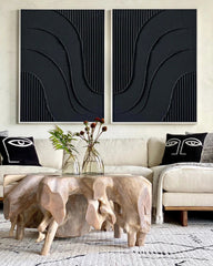 Dual Flow Elegance-Minimalist Black Abstract Diptych Painting – Modern Textured Wall Art