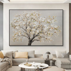 Endurance-Textured White Flowering Tree Oil Painting – Modern Wall Art for Home Decor