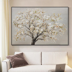 Endurance-Textured White Flowering Tree Oil Painting – Modern Wall Art for Home Decor