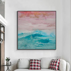 Mystic Sunset – Abstract Ocean Wave Wall Art, Pastel Sky & Teal Sea Painting for Home Decoration