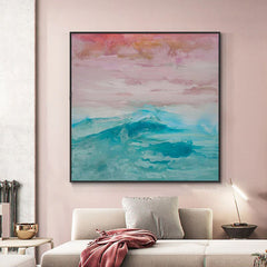 Mystic Sunset – Abstract Ocean Wave Wall Art, Pastel Sky & Teal Sea Painting for Home Decoration