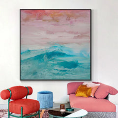 Mystic Sunset – Abstract Ocean Wave Wall Art, Pastel Sky & Teal Sea Painting for Home Decoration