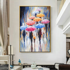 Rainbow Umbrella – Colorful Rainy Street Oil Painting – Abstract Umbrella Wall Art