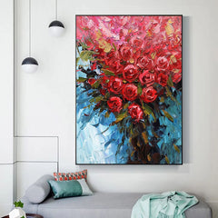 Red Roses-Palette Knife Red Rose Oil Painting – Vibrant Textured Floral Art with Blue Background
