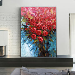 Red Roses-Palette Knife Red Rose Oil Painting – Vibrant Textured Floral Art with Blue Background