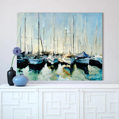 Safe Havens – Abstract Marina Boat Painting for Coastal Wall Decor