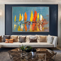 Sailing Spectacle – Hand-Painted Textured Sailboat Oil Painting for Coastal