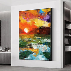 Sunset-Abstract Vibrant Sunset Landscape Oil Painting – Nature Wall Art for Home Decoration
