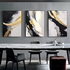 Golden Harmony: Large Abstract Triptych Wall Art: Gold & Black Textured Canvas Paintings
