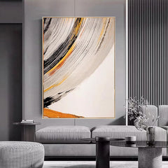 Golden Arc- Large Textured Abstract Vertical Canvas Wall Art: Gold, Black & Orange Brushstroke Decor