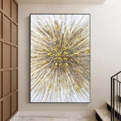 Golden Burst – Vertical Abstract Textured Canvas Painting for Modern Interiors