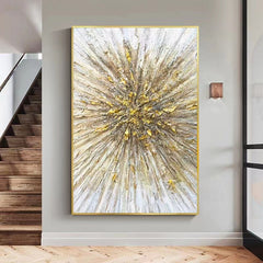 Golden Burst – Vertical Abstract Textured Canvas Painting for Modern Interiors