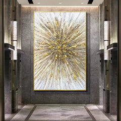 Golden Burst – Vertical Abstract Textured Canvas Painting for Modern Interiors