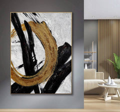 Golden Circle – Abstract Black and Gold Minimalist Oil Painting for Modern Wall Decor