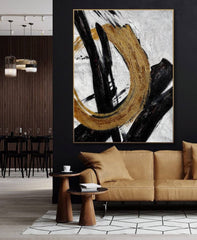 Golden Circle – Abstract Black and Gold Minimalist Oil Painting for Modern Wall Decor