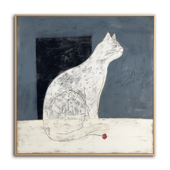 Silent Gaze-Wabi-Sabi White Cat Art Painting on Dark Background – Home Wall Decor