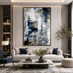 Urban Tranquility – Luxury Hand-Painted Abstract Canvas Art in Blue, Gray & Gold