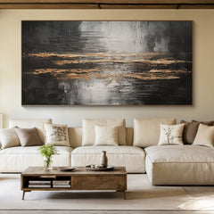 Veil of Horizons-Black Gold Abstract Oil Painting