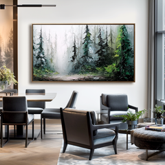 Panoramic Forest Landscape Oil Painting – Large Misty Nature Wall Art