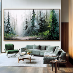 Panoramic Forest Landscape Oil Painting – Large Misty Nature Wall Art