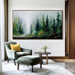 Wide Forest Landscape Oil Painting – Large Misty Nature Wall Art