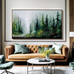 Wide Forest Landscape Oil Painting – Large Misty Nature Wall Art