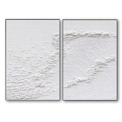 Frosted Tides – Set of 2 Minimalist White Textured Abstract Oil Paintings