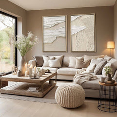 Wabi-Sabi Layers: Beige Serenity-Textured Abstract Diptych Wall Art