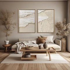 Wabi-Sabi Layers: Beige Serenity-Textured Abstract Diptych Wall Art