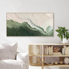 Whispering Coastline – Abstract Green & White Textured Oil Painting for Modern Decor