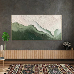 Whispering Coastline – Abstract Green & White Textured Oil Painting for Modern Decor