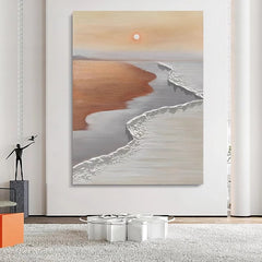 Textured Coastal Sunset Oil Painting – Neutral Toned Seaside Landscape 3D Wave Contemporary art