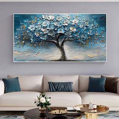 Azure Blossom Tree- 3D Textured Blue Gold Tree Paintting, Modern Framed Art