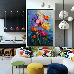 Midnight Bloom – Impasto Flower Oil Painting, Colorful Poppies on Blue Background Wall Art