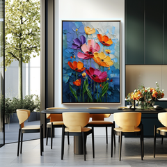 Midnight Bloom – Impasto Flower Oil Painting, Colorful Poppies on Blue Background Wall Art