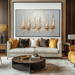 Golden Regatta – Abstract Textured Sailing Boats Oil Painting: Serene Water Reflection Art