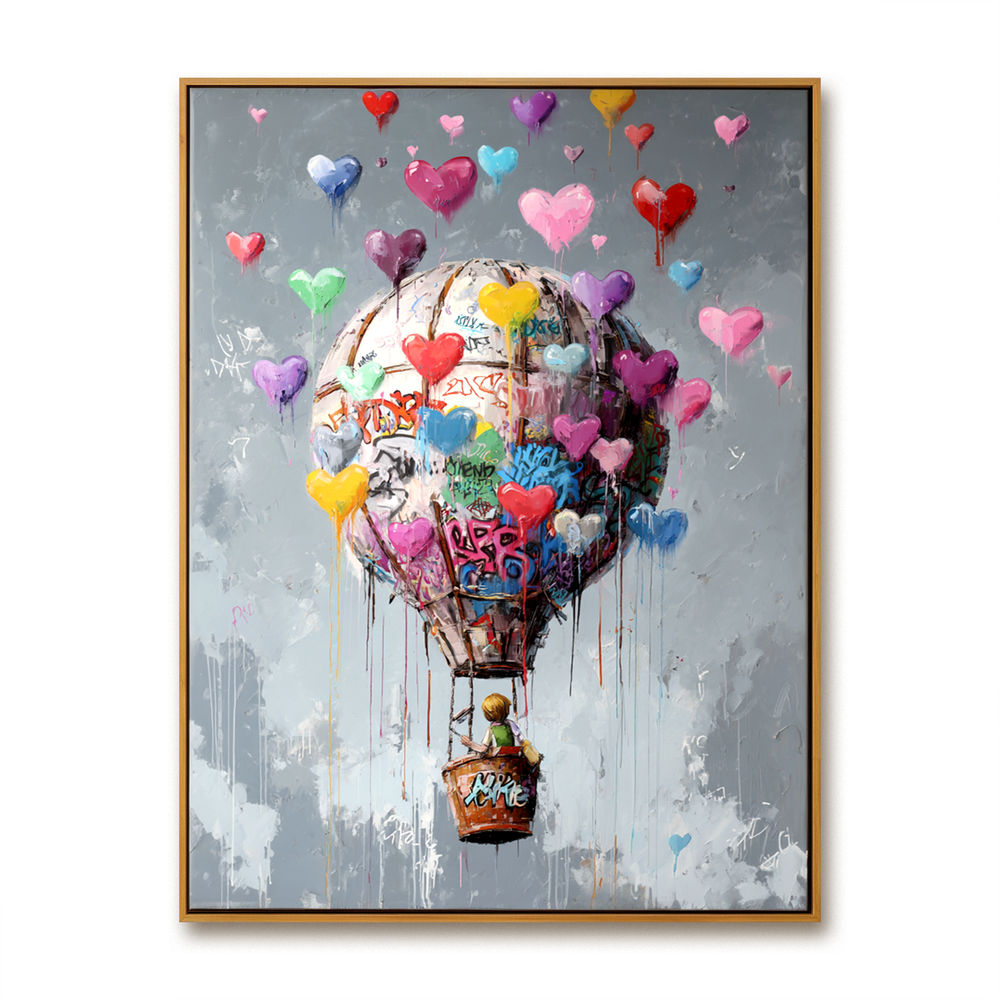 Flying with Love – A Colorful Heart Hot Air Balloon Painting hand-painted wall art